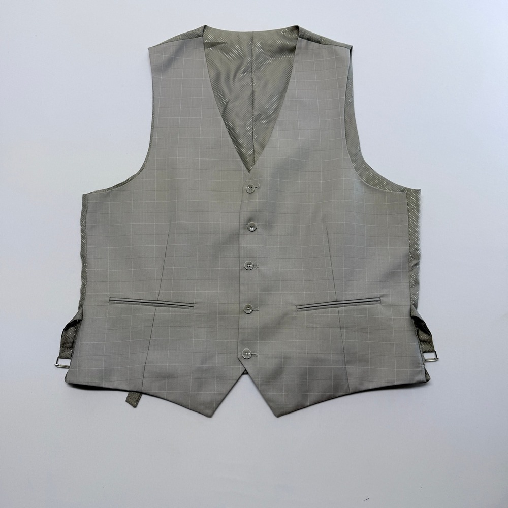 Mens Light Grey Windowpane Check 5-Button Suit Vest Waistcoat 44R
